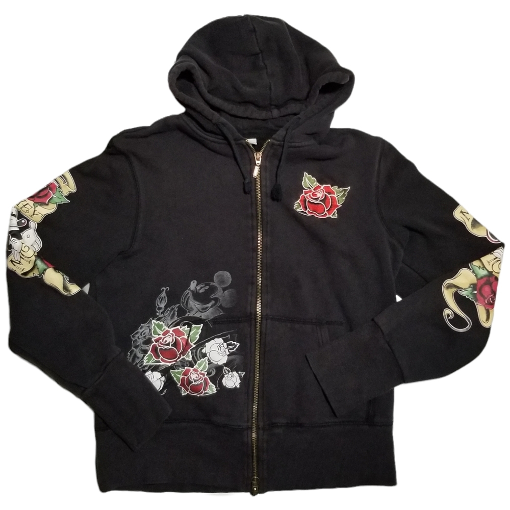 Disney Parks Black Red Rose Mickey Mouse Zip Up Hoodie Sweatshirt Large